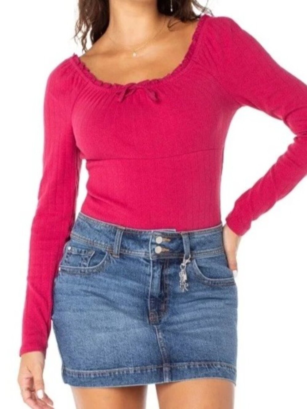 Celebrity Pink Women Knitted Bow Puff Long Sleeve Ruffle Bud Bodysuit L Cottage